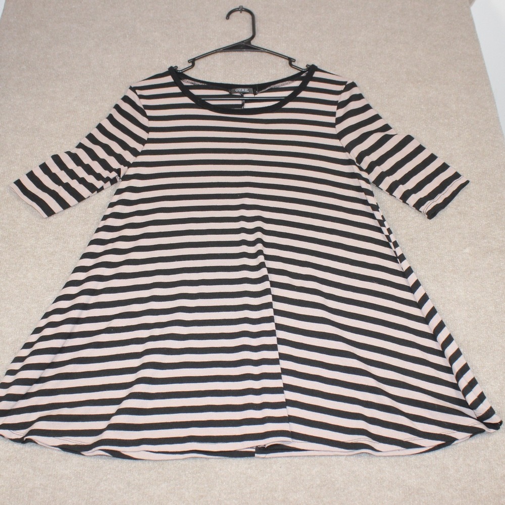 Cure Womens Small Striped Swing Top Elbow Sleeve Mauve Black A-Line Tunic Shirt